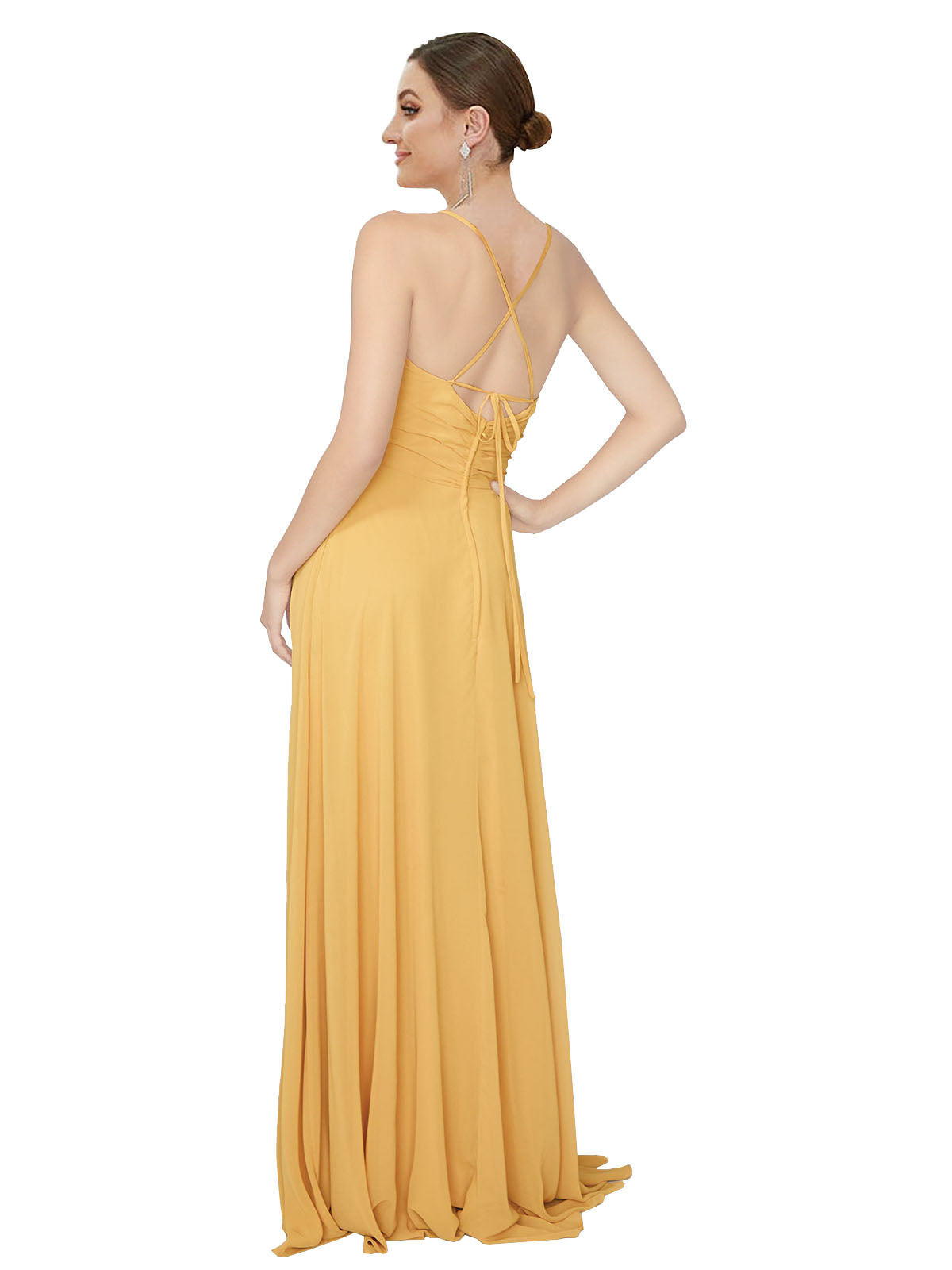 Saffron A-Line V-Neck Sleeveless Long Bridesmaid Dress Arlette