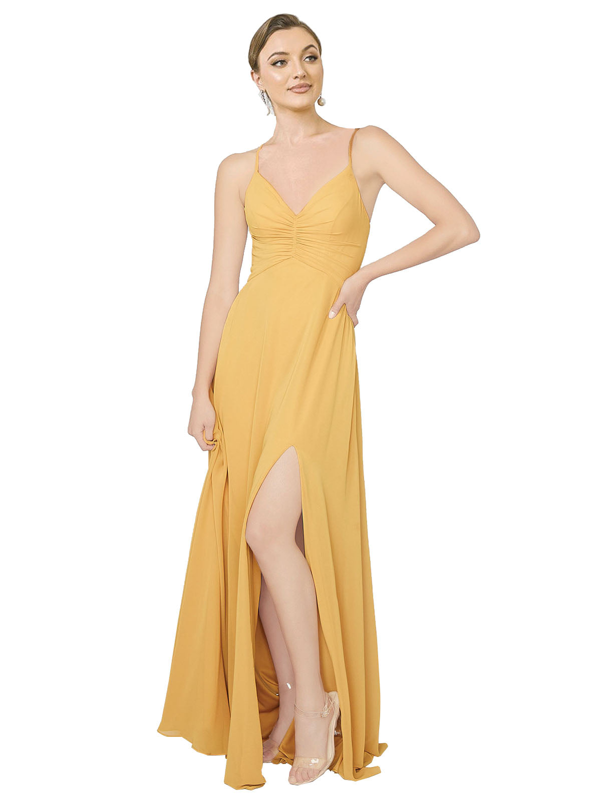 Saffron A-Line V-Neck Sleeveless Long Bridesmaid Dress Arlette