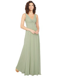 Sage A-Line V-Neck Sleeveless Long Bridesmaid Dress Zannah