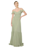 RightBrides Karmen Sage A-Line Sweetheart V-Neck Cold Shoulder Off The Shoulder Long Bridesmaid Dress