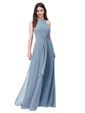 Dusty Blue A-Line Halter, High Neck Sleeveless Long Bridesmaid Dress Kaycee