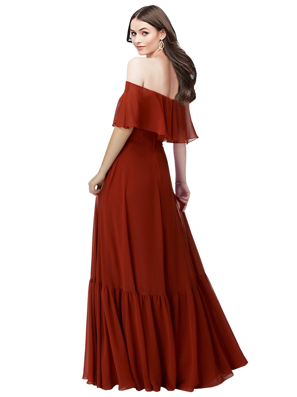 RightBrides Cloe Red A-Line Off the Shoulder Flutter Sleeves Long Bridesmaid Dress