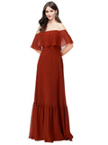 RightBrides Cloe Red A-Line Off the Shoulder Flutter Sleeves Long Bridesmaid Dress