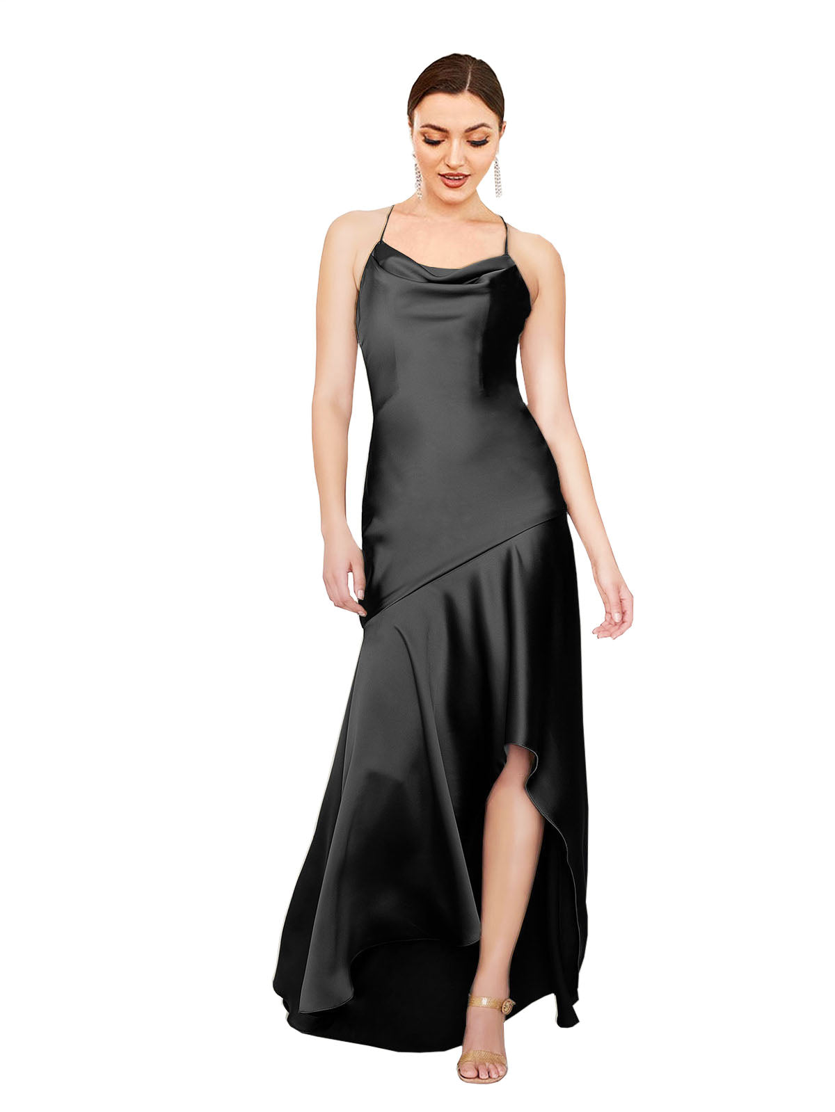 Black A-Line Cowl Sleeveless Long Silk like Satin Bridesmaid Dress Alexine