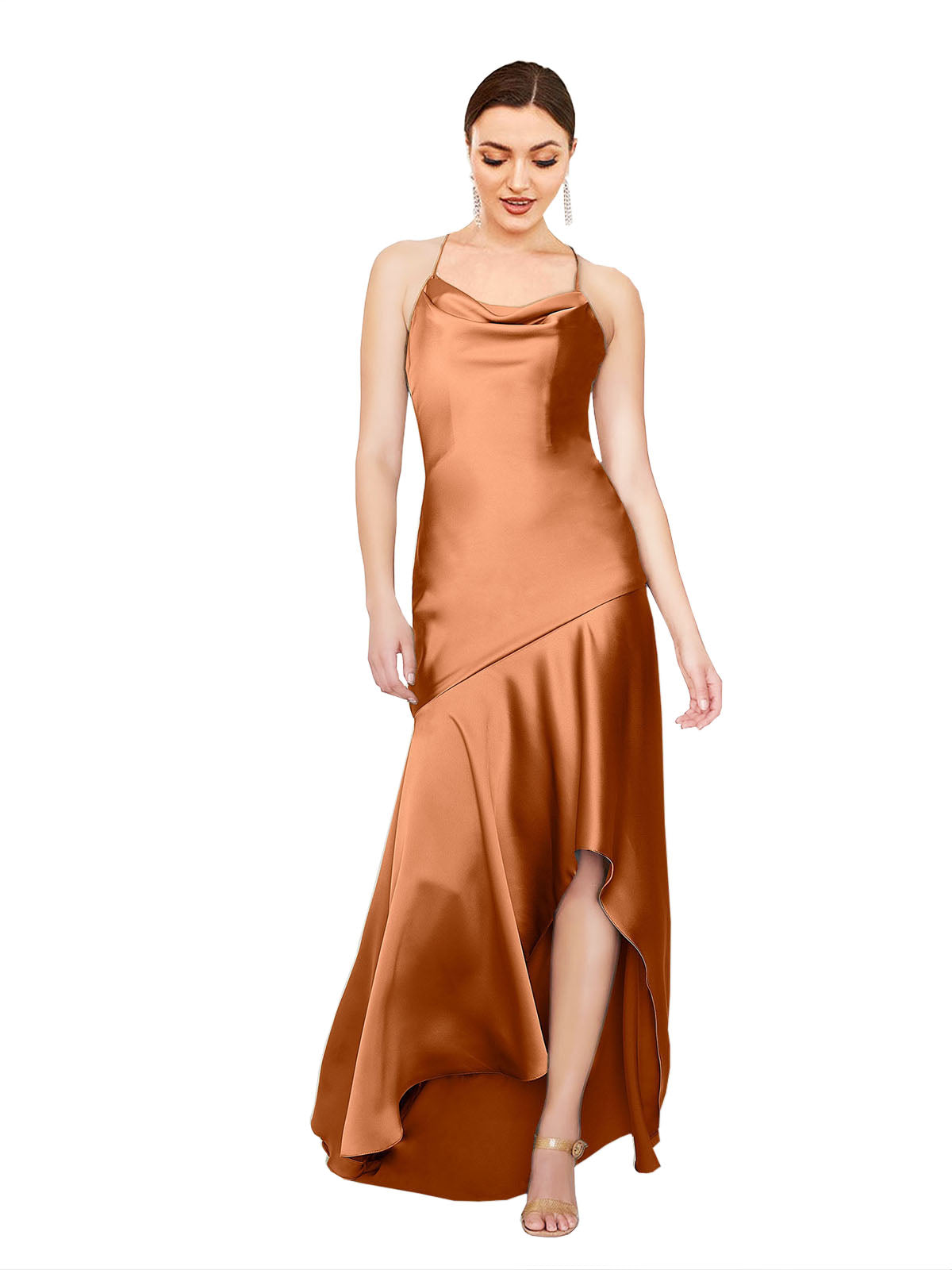 Orange A-Line Cowl Sleeveless Long Silk like Satin Bridesmaid Dress Alexine