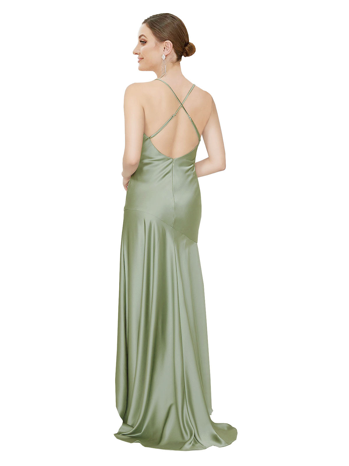 Smoke Green A-Line Cowl Sleeveless Long Silk like Satin Bridesmaid Dress Alexine