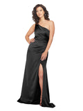 Black A-Line One Shoulder Sleeveless Long Silky Satin Bridesmaid Dress Cheyair