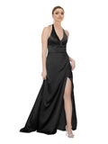 Black A-Line Halter Sleeveless Long Silky Satin Bridesmaid Dress Elly
