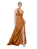 Orange A-Line Halter Sleeveless Long Silky Satin Bridesmaid Dress Elly