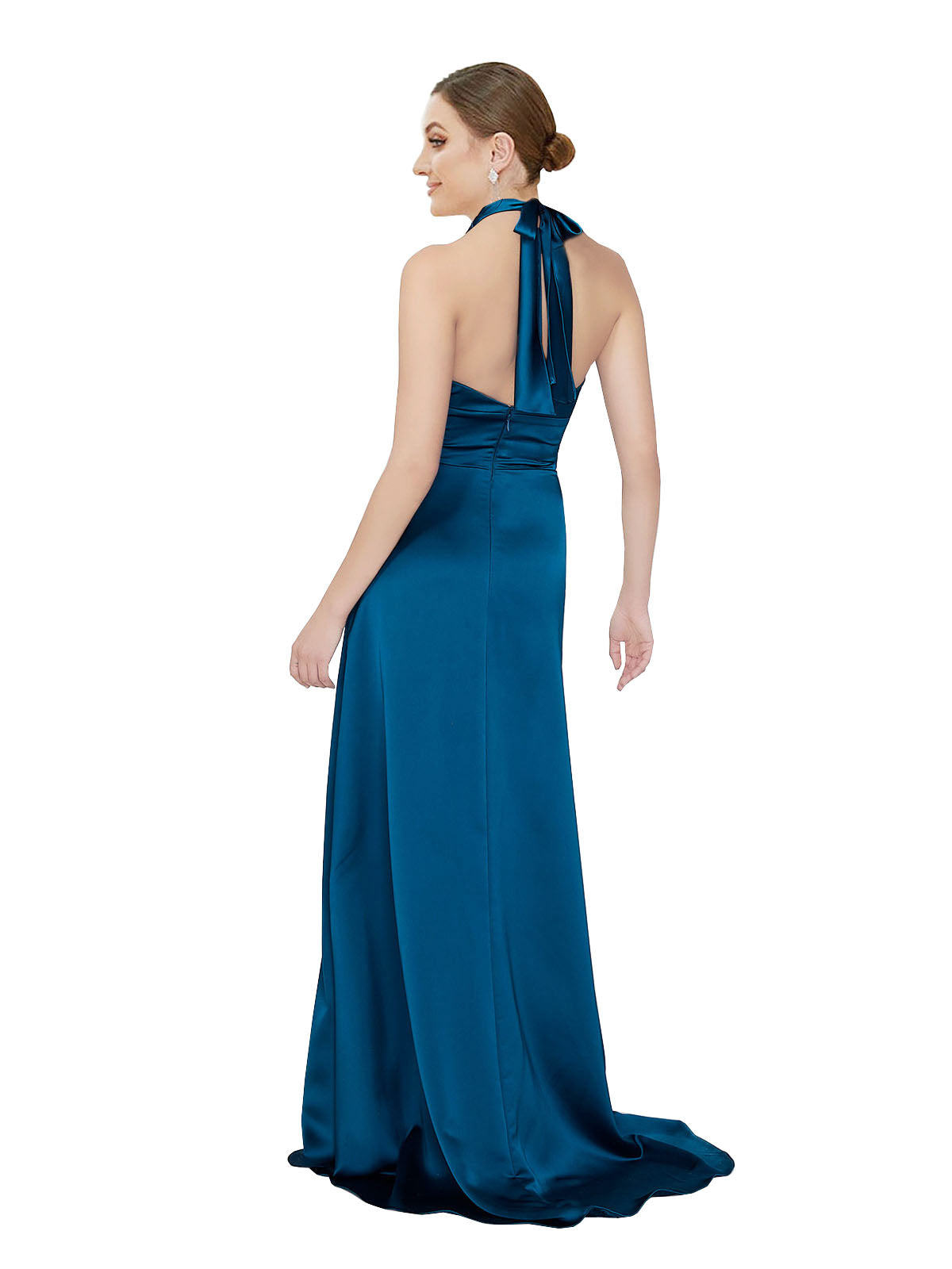 Peacock Blue A-Line Halter Sleeveless Long Silky Satin Bridesmaid Dress Elly