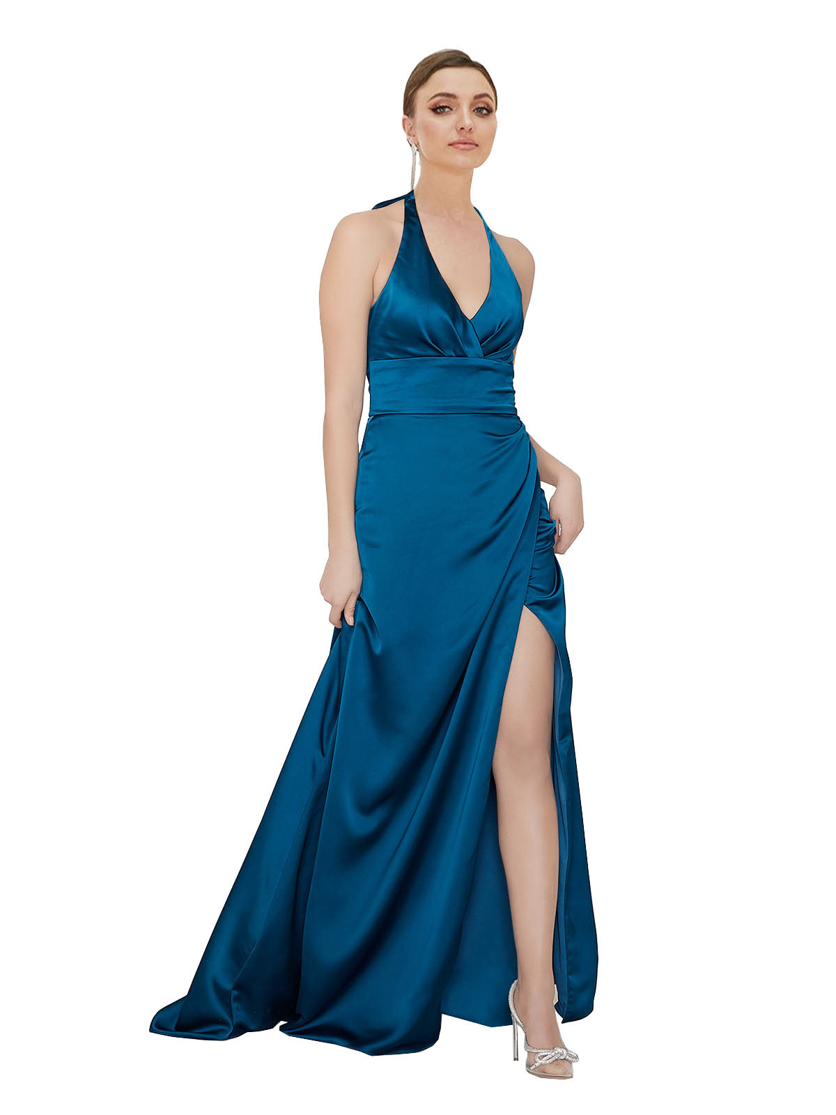 Peacock Blue A-Line Halter Sleeveless Long Silky Satin Bridesmaid Dress Elly