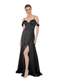 RightBrides Lianne Black A-Line Sweetheart Spaghetti Straps Cold Shoulder Off the Shoulder Long Silky Satin Bridesmaid Dress