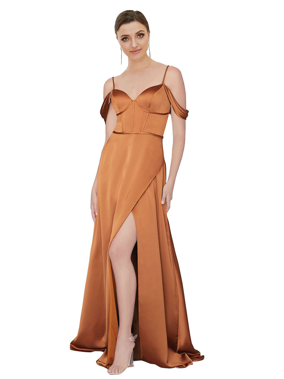 RightBrides Lianne Orange A-Line Sweetheart Spaghetti Straps Cold Shoulder Off the Shoulder Long Silky Satin Bridesmaid Dress