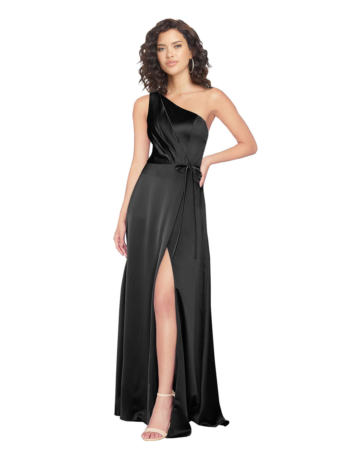 RightBrides Keneasha Black A-Line One Shoulder Sleeveless Long Silky Satin Bridesmaid Dress