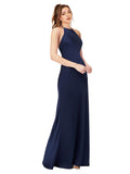 Sapphire Sheath High Neck Sleeveless Long Silky Satin Bridesmaid Dress Autumn