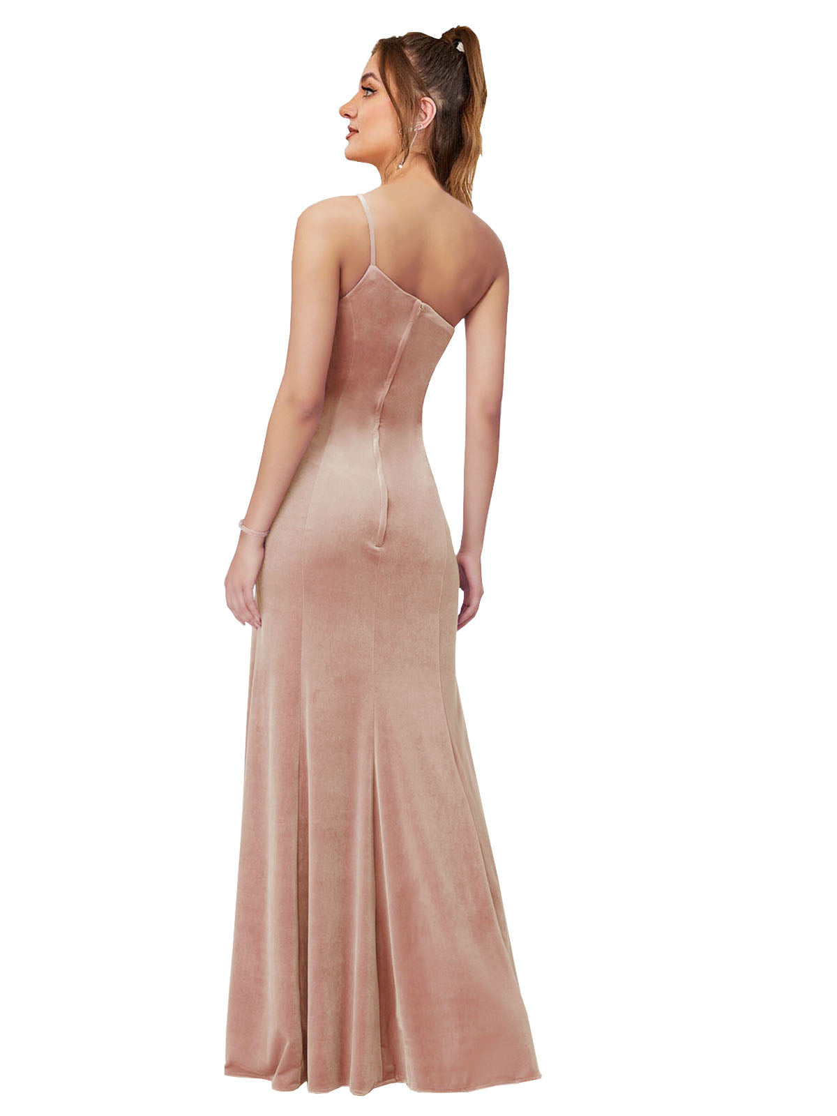 Pink Sheath One Shoulder Long Sleeveless Stretch Velvet Bridesmaid Dress Yana