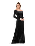 Black Sheath Off the Shoulder Long Long Sleeves Stretch Velvet Bridesmaid Dress Vianette