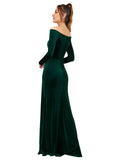 Dark Green Sheath Off the Shoulder Long Long Sleeves Stretch Velvet Bridesmaid Dress Vianette