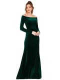Dark Green Sheath Off the Shoulder Long Long Sleeves Stretch Velvet Bridesmaid Dress Vianette