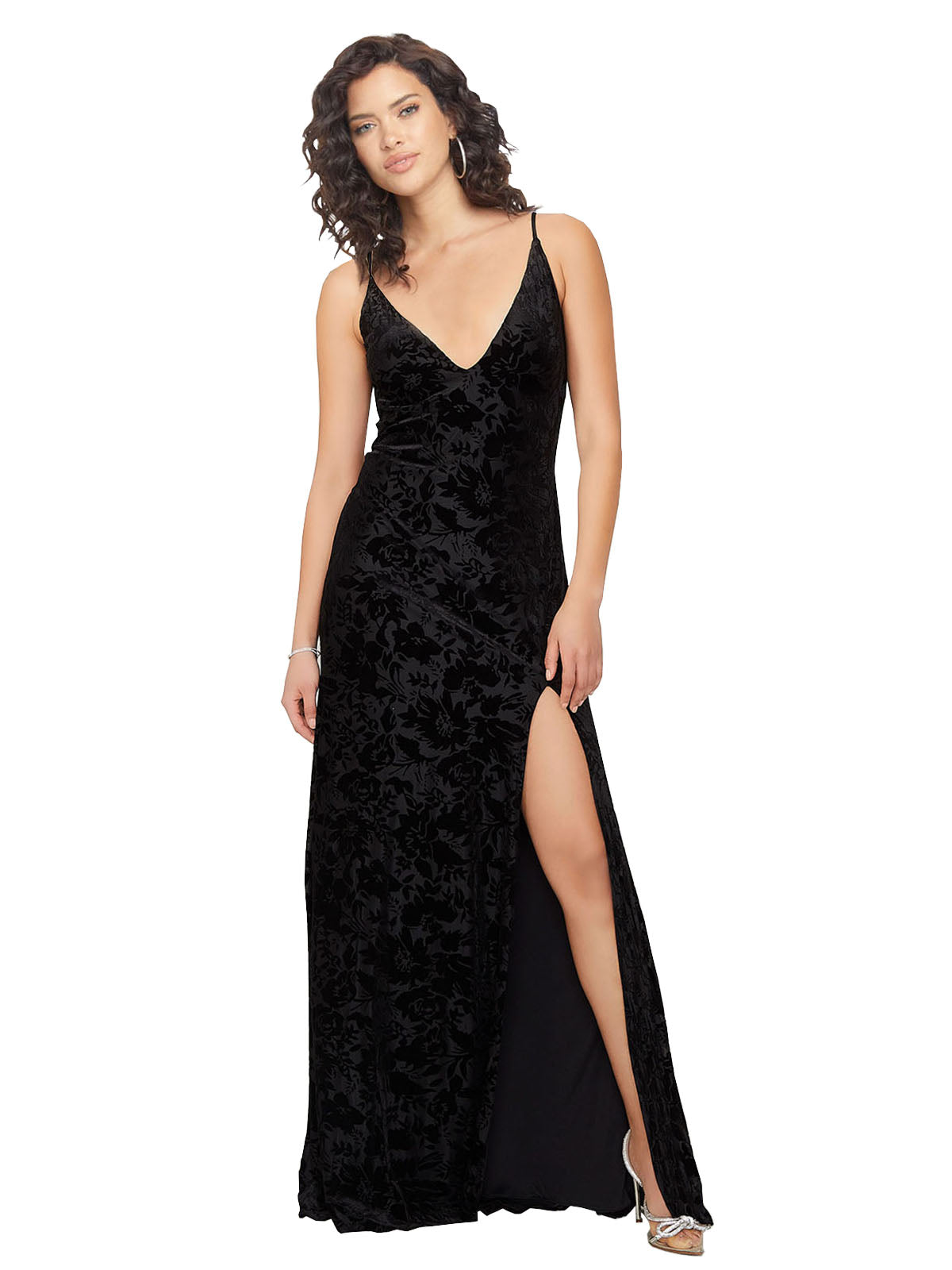 Black Sheath V-Neck Long Sleeveless Floral Velvet Bridesmaid Dress Teneal