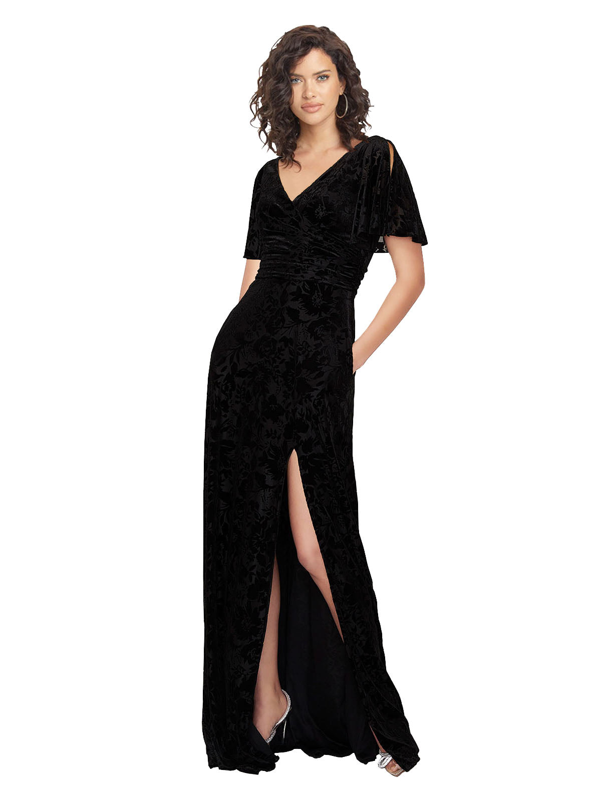 Black A-Line V-Neck Long Short Sleeves Floral Velvet Bridesmaid Dress Shavene