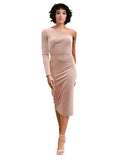 Pink A-Line One Shoulder Short Long Sleeves Stretch Velvet Bridesmaid Dress Bolton