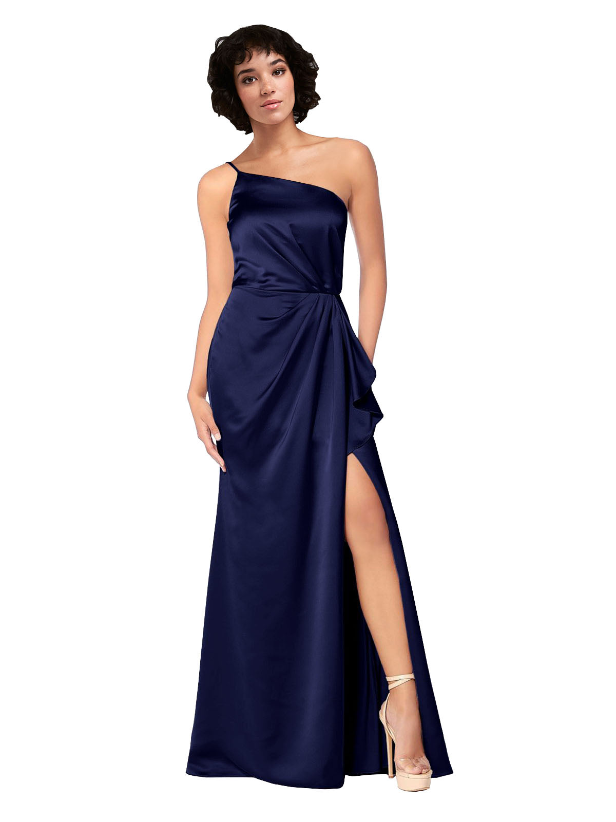 Sapphire A-Line One Shoulder Sleeveless Long Silky Satin Bridesmaid Dress Loire