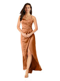 Orange A-Line Sweetheart, Spaghetti Straps Sleeveless Long Silky Satin Bridesmaid Dress Lou