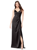 Black A-Line V-Neck Spaghetti Straps Sleeveless Long Silky Satin Bridesmaid Dress Lula