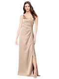 Champagne Pink A-Line V-Neck Spaghetti Straps Sleeveless Long Silky Satin Bridesmaid Dress Lula