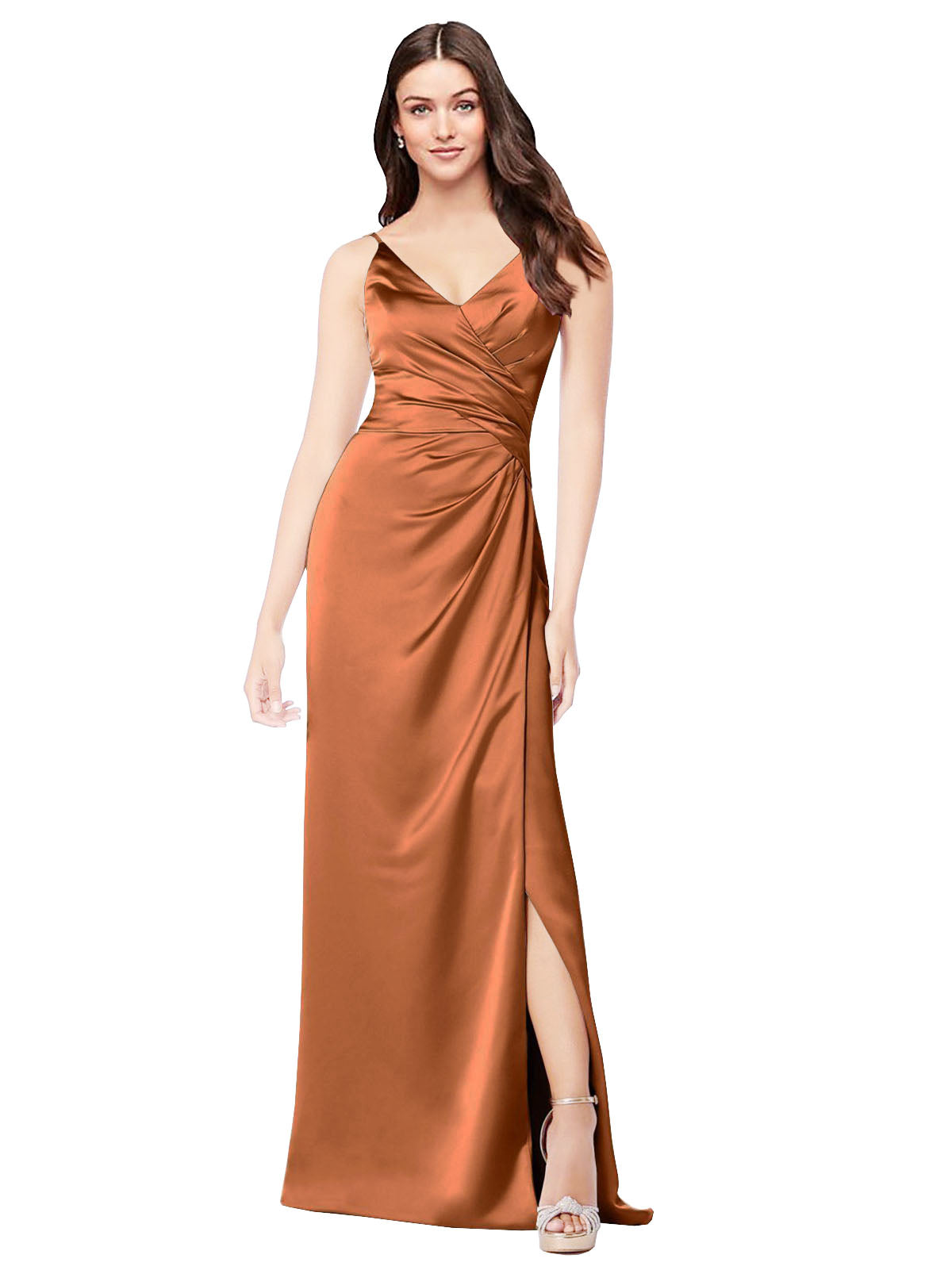 Orange A-Line V-Neck Spaghetti Straps Sleeveless Long Silky Satin Bridesmaid Dress Lula