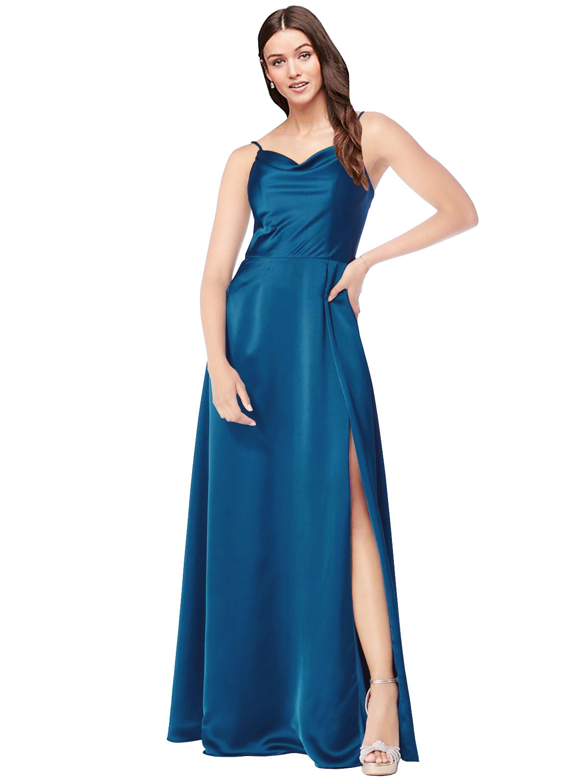Peacock Blue A-Line Cowl Spaghetti Straps Sleeveless Long Silky Satin Bridesmaid Dress Mackayla