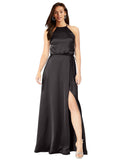 Black A-Line Halter Sleeveless Long Silky Satin Bridesmaid Dress Mali