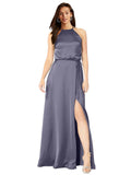 Dusk A-Line Halter Sleeveless Long Silky Satin Bridesmaid Dress Mali