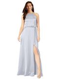 Fog A-Line Halter Sleeveless Long Silky Satin Bridesmaid Dress Mali