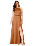 Orange A-Line Halter Sleeveless Long Silky Satin Bridesmaid Dress Mali