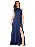 Sapphire A-Line Halter Sleeveless Long Silky Satin Bridesmaid Dress Mali