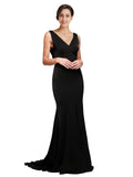 Long Silky Satin A-Line V-Neck Sleeveless Black Bridesmaid Dress Flavia