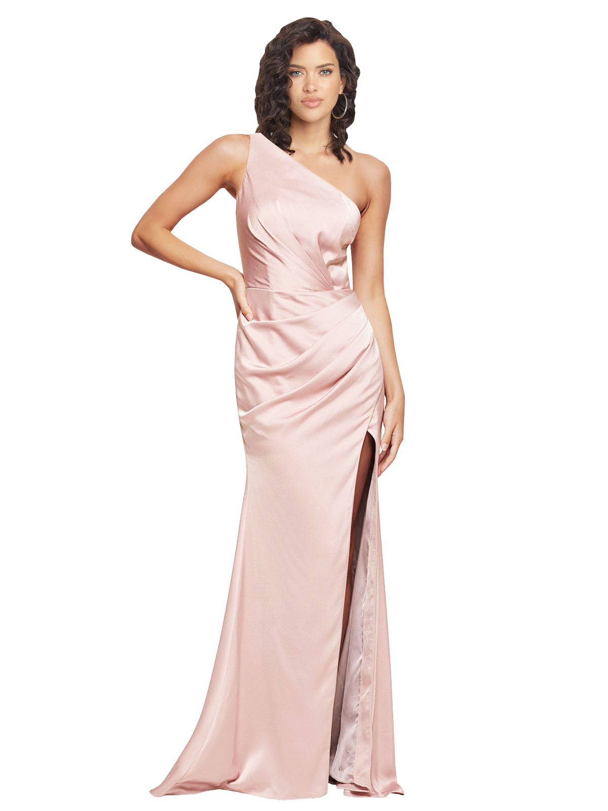 Long Silky Satin Sheath One Shoulder Sleeveless Pink Bridesmaid Dress Jaime