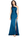 Long Silky Satin Sheath One Shoulder Sleeveless Peacock Blue Bridesmaid Dress Silvie