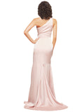 Long Silky Satin Sheath One Shoulder Sleeveless Pink Bridesmaid Dress Silvie