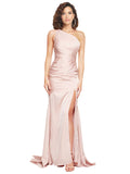 Long Silky Satin Sheath One Shoulder Sleeveless Pink Bridesmaid Dress Silvie