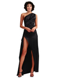 Long Silky Satin A-Line One Shoulder Sleeveless Black Bridesmaid Dress Carisa