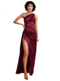 Long Silky Satin A-Line One Shoulder Sleeveless Burgundy Bridesmaid Dress Carisa