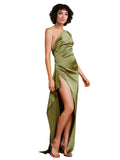 Long Silky Satin A-Line One Shoulder Sleeveless Olive Green Bridesmaid Dress Carisa