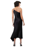Short Midi Length Silky Satin A-Line One Shoulder Sleeveless Black Bridesmaid Dress Bilquis