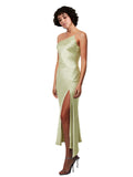 Short Midi Length Silky Satin A-Line One Shoulder Sleeveless Sage Bridesmaid Dress Bilquis