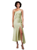Short Midi Length Silky Satin A-Line One Shoulder Sleeveless Sage Bridesmaid Dress Bilquis