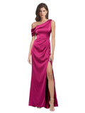 Long Stretch Satin A-Line One Shoulder Sleeveless Fuchsia Bridesmaid Dress Aerith