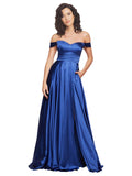 Long Stretch Satin A-Line Sweetheart, Off the Shoulder Sleeveless Royal Blue Bridesmaid Dress Lesia